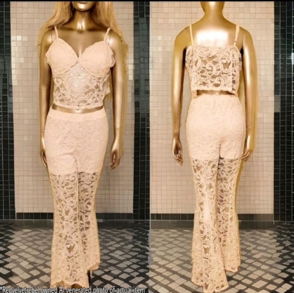 NEW VENUS Ivory Lace Flare Leg 2 Piece Bohemian Festival Beach Pant Set - Picture 2 of 16